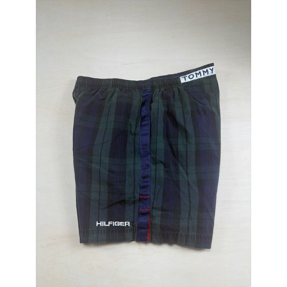 Tommy Hilfiger Mens Plaid Swim Trunks Green Navy Blue L Mesh Lined Board Shorts